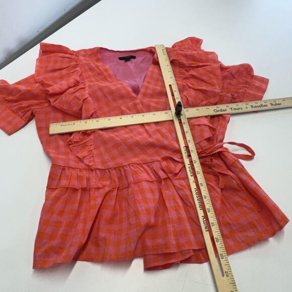 J.Crew Shirt Womens XS Pink Orange Gingham Wrap Ruffle Tie Waist Peplum AW940 - Picture 9 of 10